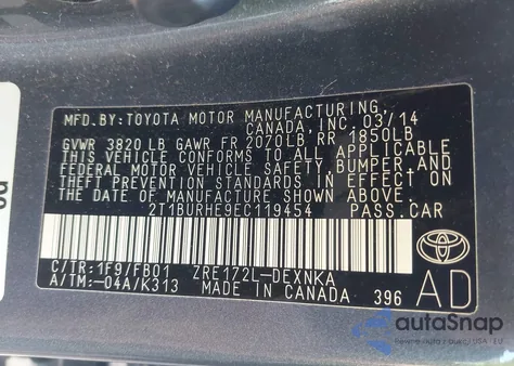 2014 Toyota Corolla Le from USA, damaged, VIN 2T1BURHE9EC119454